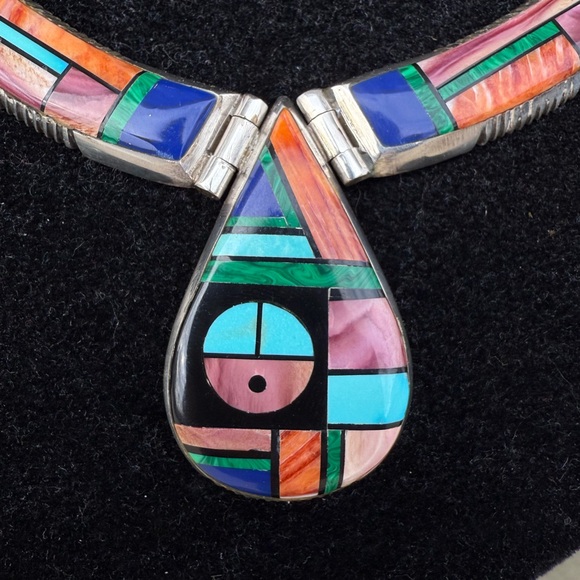 Frank Yellowhorse Rare vintage Navajo sterling mosaic necklace with turquoise - Picture 3 of 8